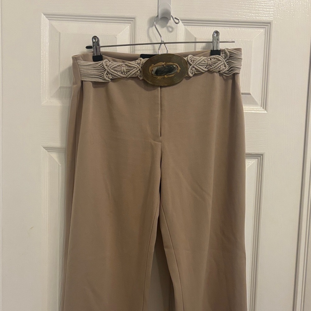 Tesori Tan Wide Leg Pants with Woven Belt